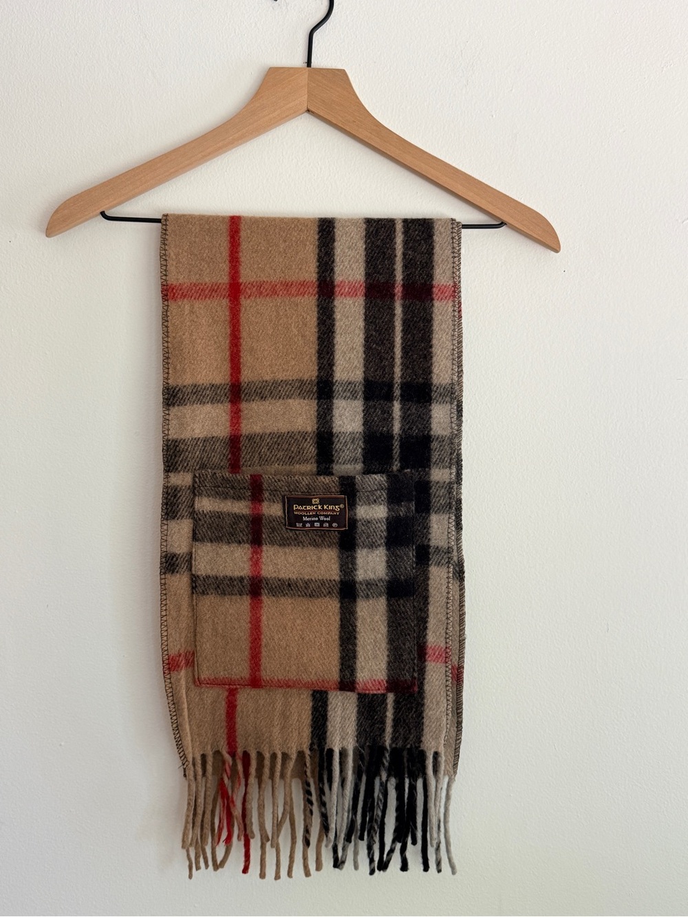 Patrick King Deluxe Pocket Scarf Thompson Camel Tartan 100% Merino Wool 74x10